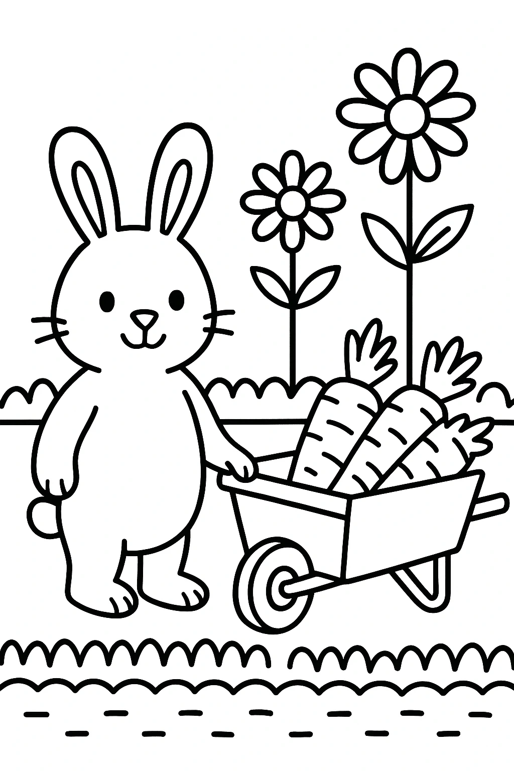 A rabbit standing beside a wheelbarrow full of carrots, with a garden row and two tall flowers behind it — printable coloring page