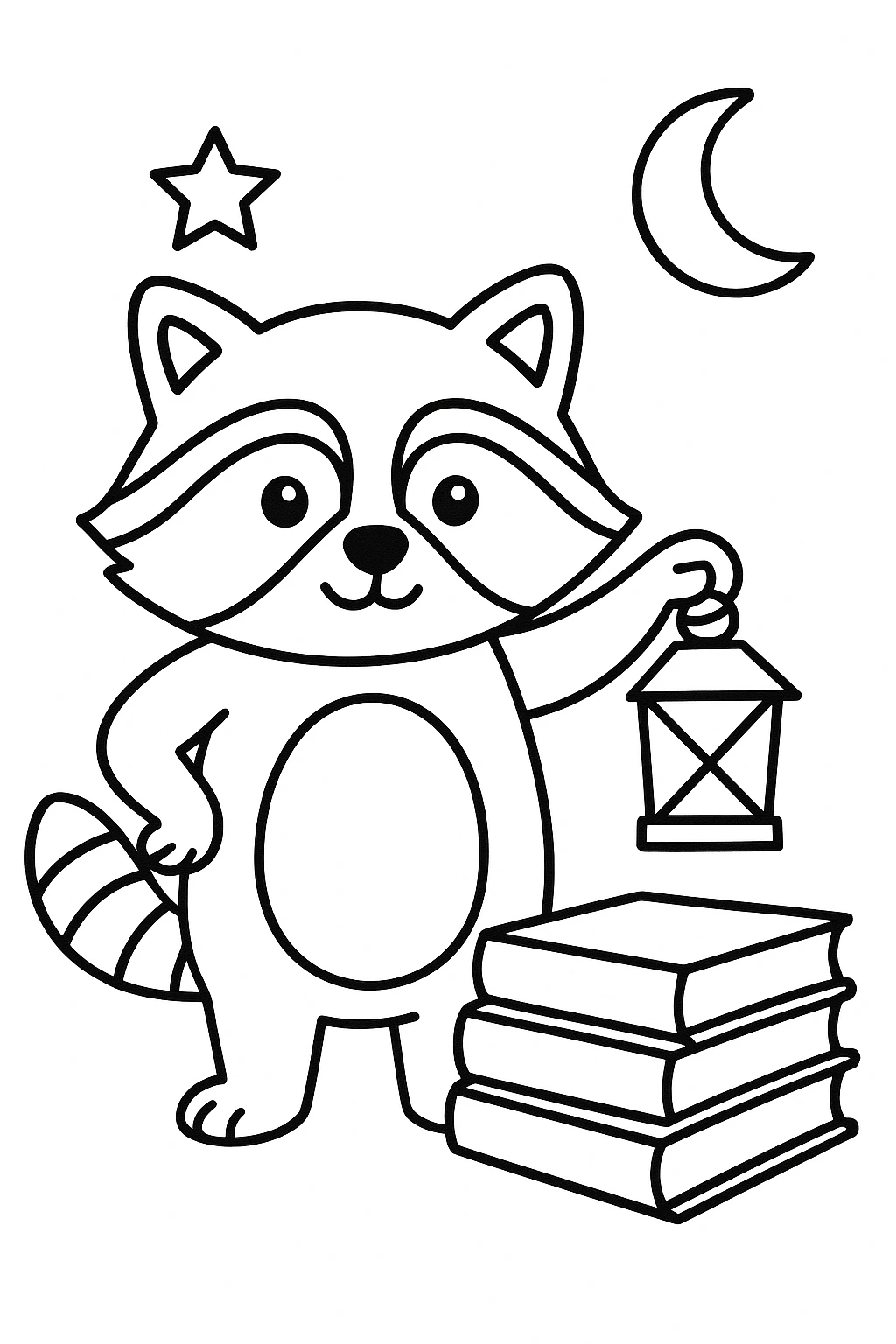 A raccoon holding a lantern while standing next to a stack of three books, with a small moon and one star abov — printable coloring page