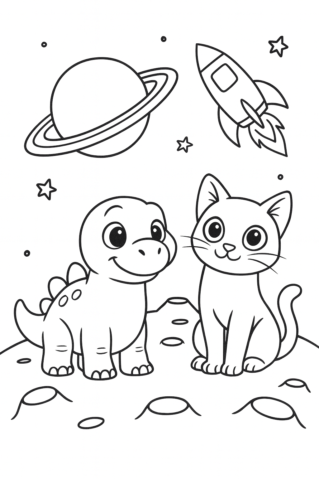 A rocket flies past a large ringed planet while Dandino and Lucky watch from the moon in the foreground, with — printable coloring page
