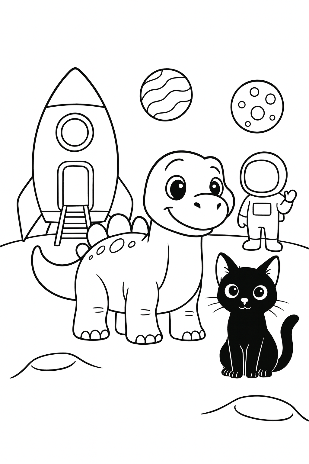 A rocket lands on the moon near Dandino, Lucky, and the astronaut, with a small ladder down from the rocket an — printable coloring page