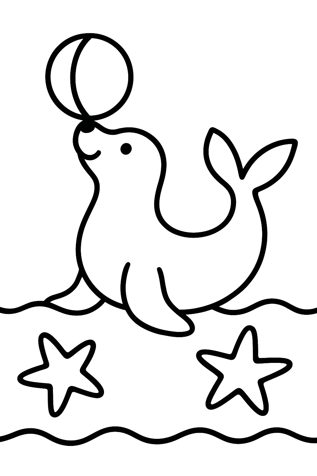 A seal balancing a ball on its nose, with a simple wave base and two starfish shapes nearby, all outlined bold — printable coloring page