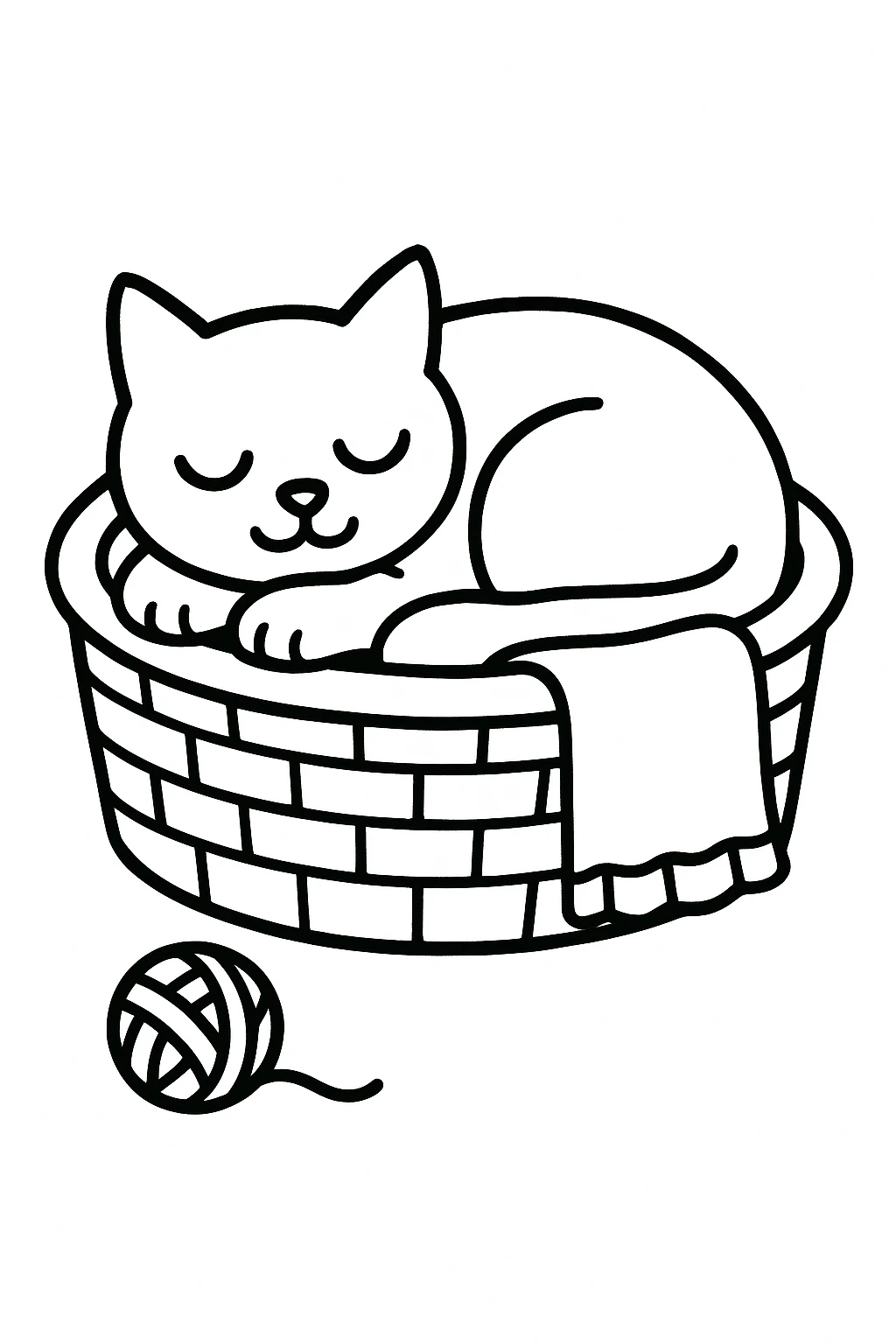 A sleepy cat curled inside a round basket, with a tiny yarn ball beside the basket and a simple blanket draped — printable coloring page