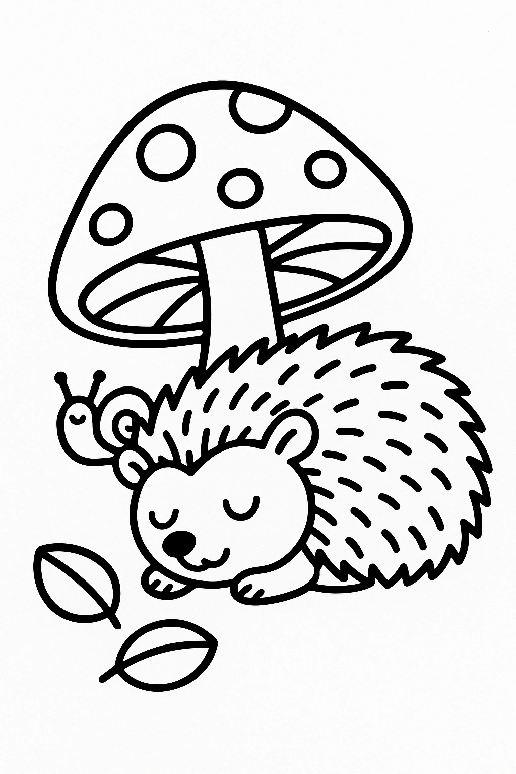 A sleepy hedgehog curled beside a mushroom, with a tiny snail and two rounded leaves nearby — printable coloring page