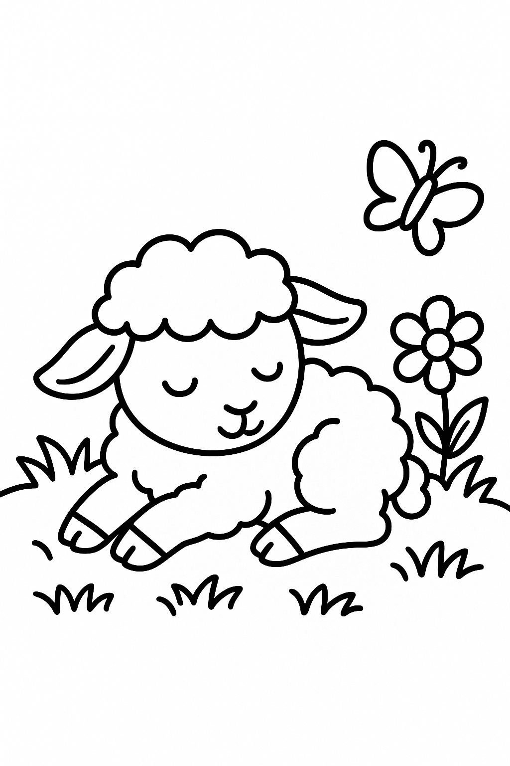 A sleepy lamb lying on a soft patch of grass, with one flower and a tiny butterfly nearby — printable coloring page
