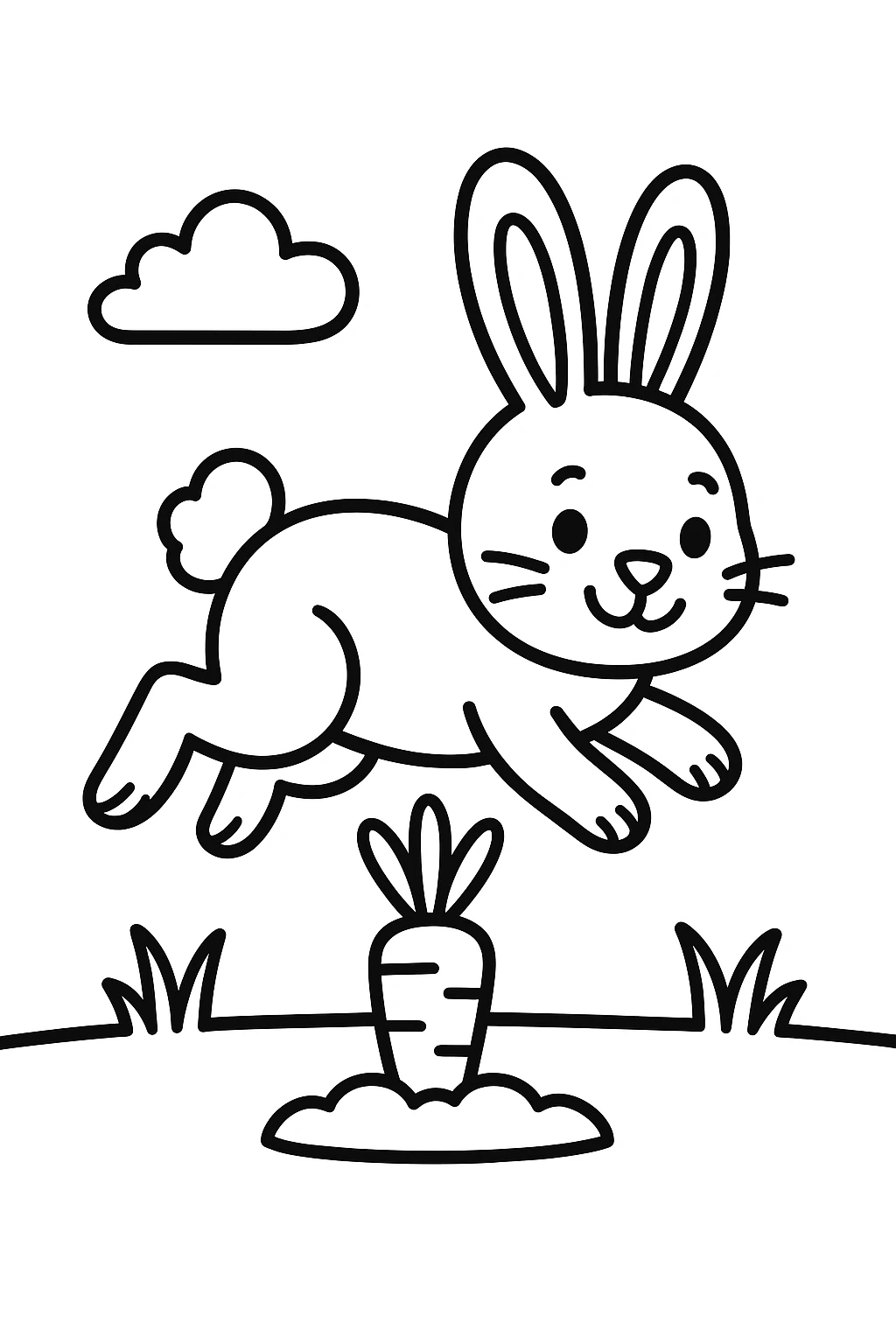 A smiling bunny hopping over a single carrot patch, with one small cloud in the sky and two simple tufts of gr — printable coloring page