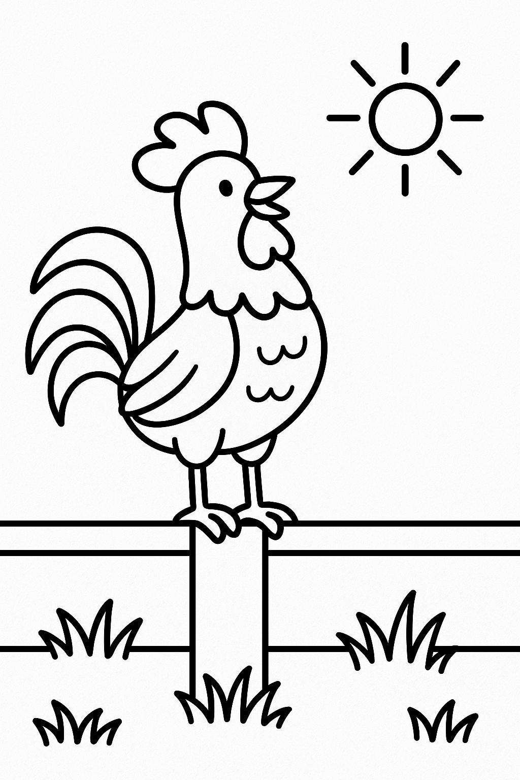 A smiling rooster standing tall on a fence rail, with a few grass tufts below and a simple sun overhead — printable coloring page