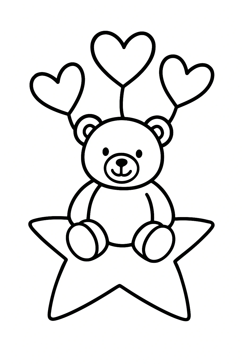 A smiling teddy bear sitting on a large star-shaped cushion, with three simple heart-shaped balloons floating — printable coloring page
