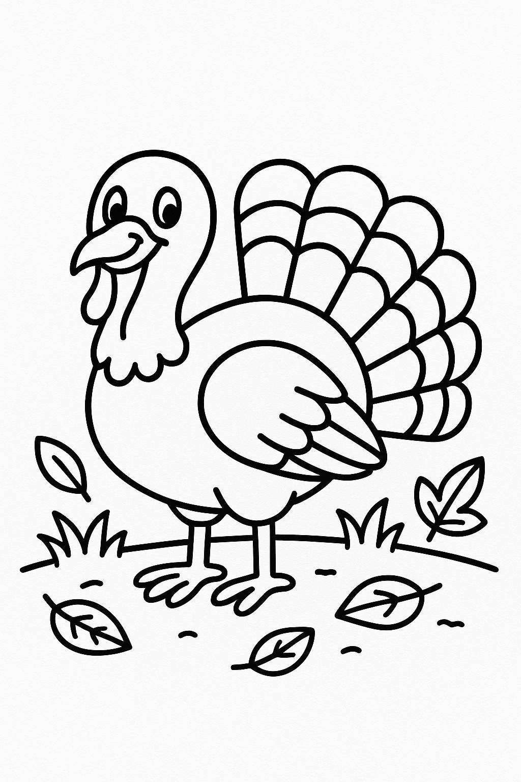A smiling turkey standing on open ground, with a few simple leaves and grass tufts around its feet — printable coloring page