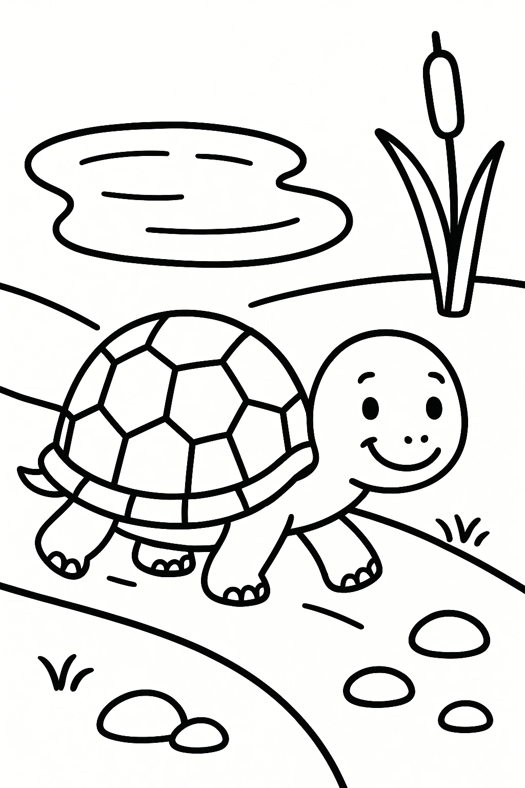 A smiling turtle walking slowly along a path, with a small pond, one cattail, and a few simple stones — printable coloring page