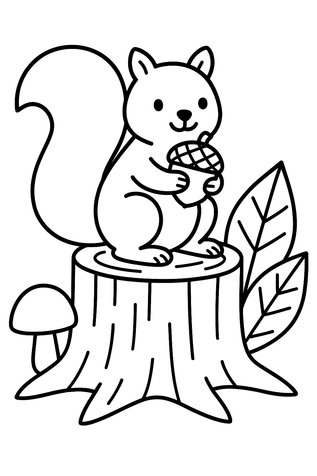 A squirrel holding an acorn while sitting on a tree stump, with two large leaves and one mushroom beside the s — printable coloring page