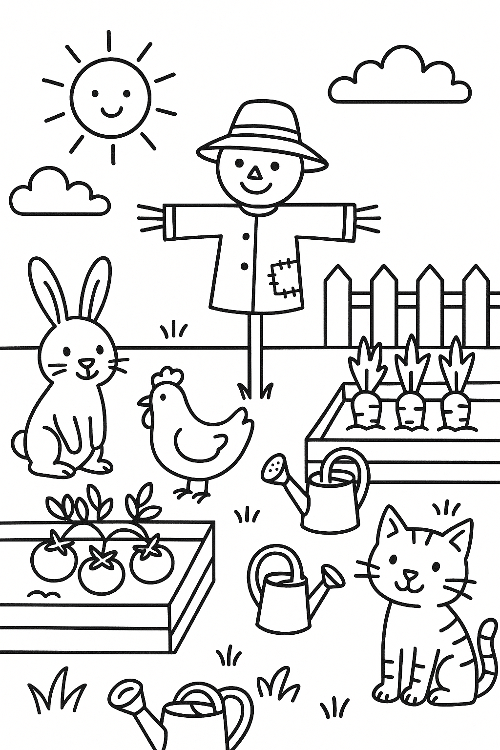 A sunny vegetable garden with a rabbit, a chicken, and a cat near raised garden beds, watering cans, and a sca — printable coloring page