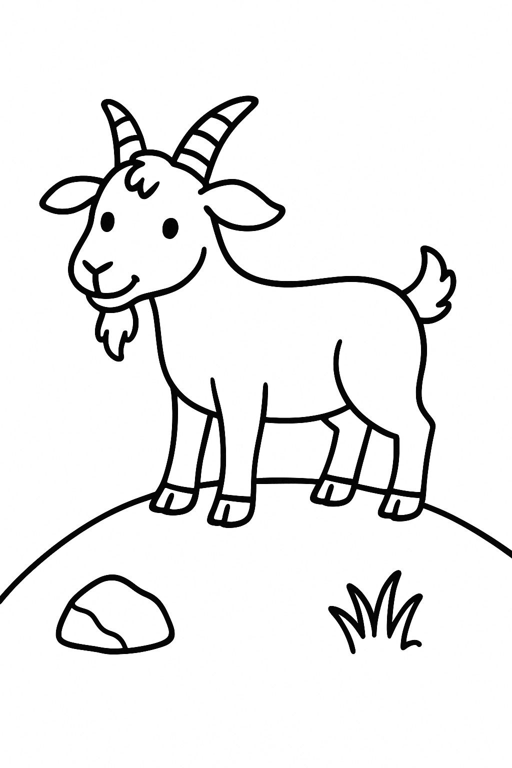 A sweet goat standing on a little hill, with a tiny rock and a tuft of grass in the foreground — printable coloring page
