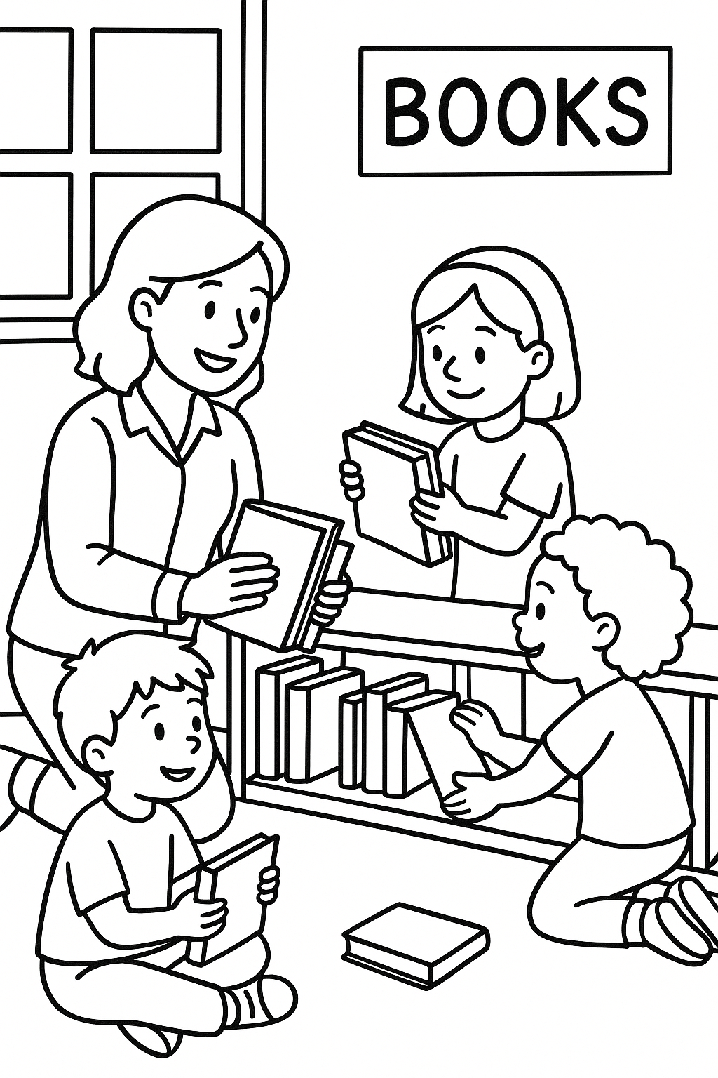 A teacher helping children sort books onto a low classroom shelf — printable coloring page