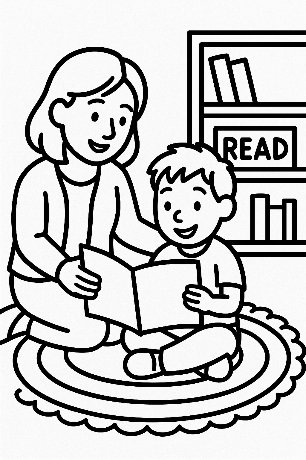 A teacher helping one child hold a book open at a reading corner with a small rug and bookshelf — printable coloring page