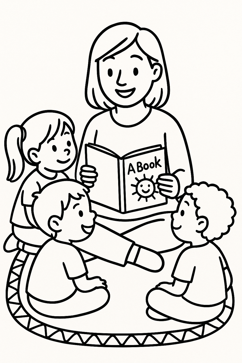 A teacher sitting on a rug and reading a picture book to three children gathered close around — printable coloring page