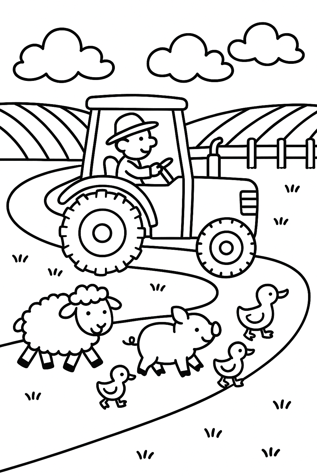A tractor driving along a farm path with a trail of small animals following behind, and fields, fence posts, a — printable coloring page