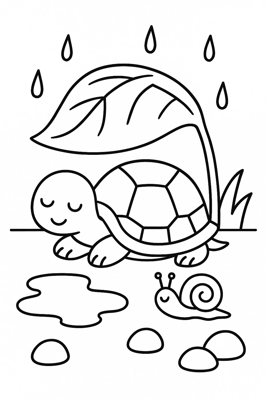 A turtle resting under a large umbrella-shaped leaf, with a puddle, one snail, and a few rounded rocks nearby — printable coloring page