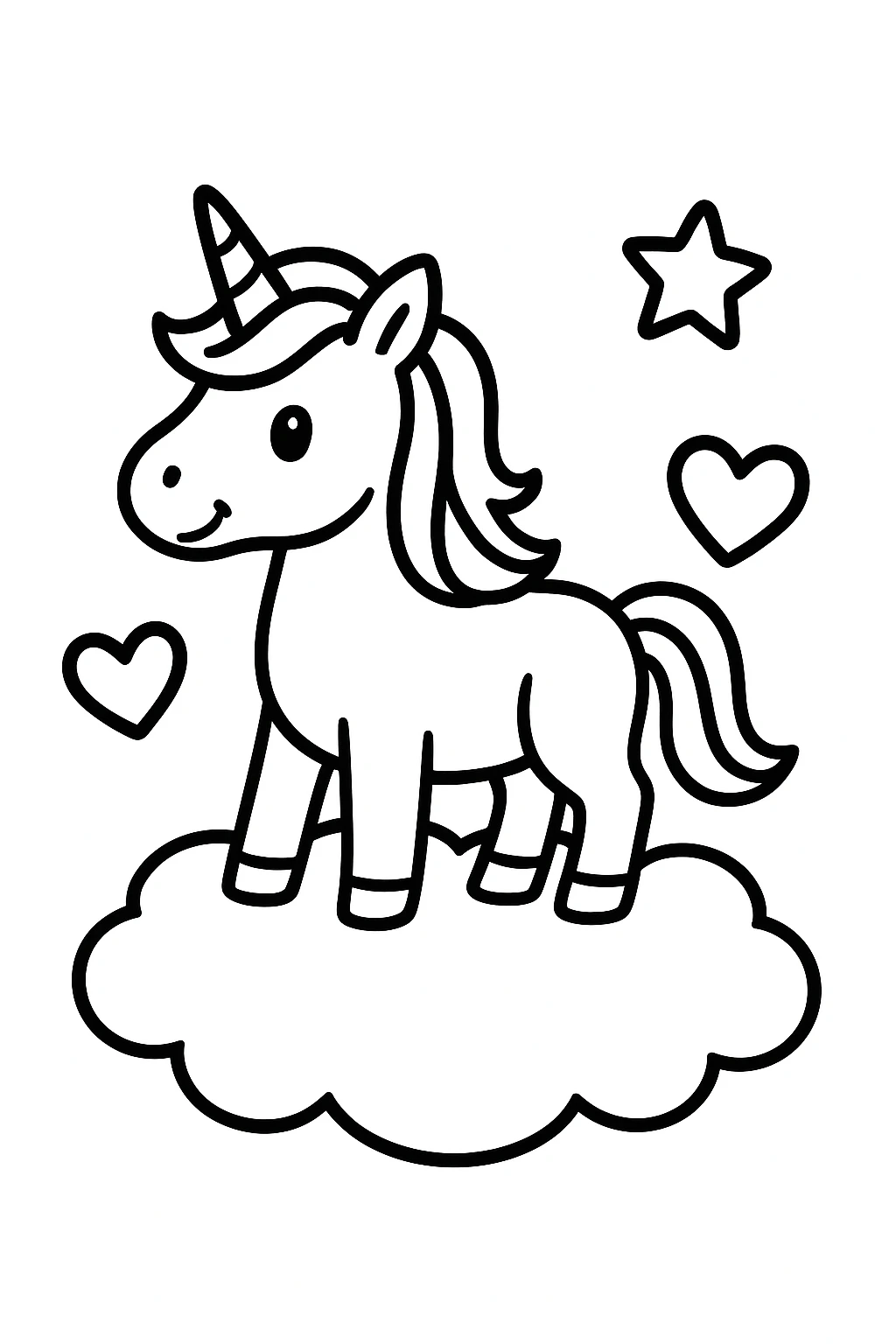 A unicorn standing on a round cloud pillow, with two heart shapes and one star floating nearby, using smooth c — printable coloring page