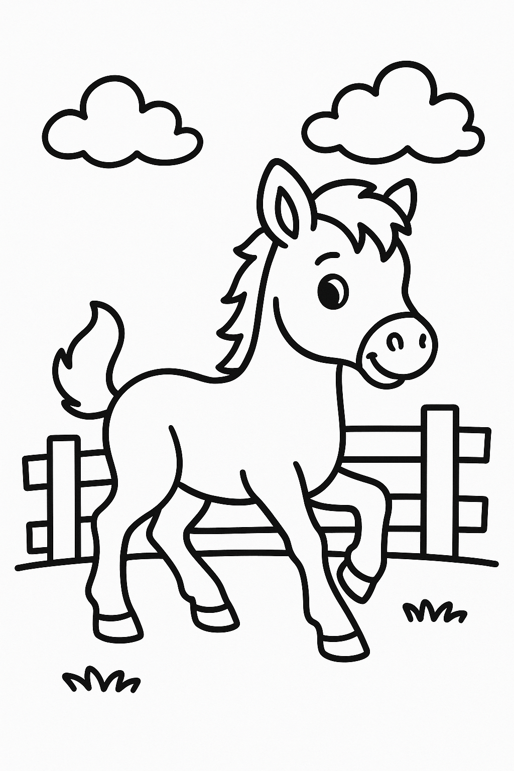A young horse foal trotting in place, with a small fence and a couple of cloud shapes in the background — printable coloring page