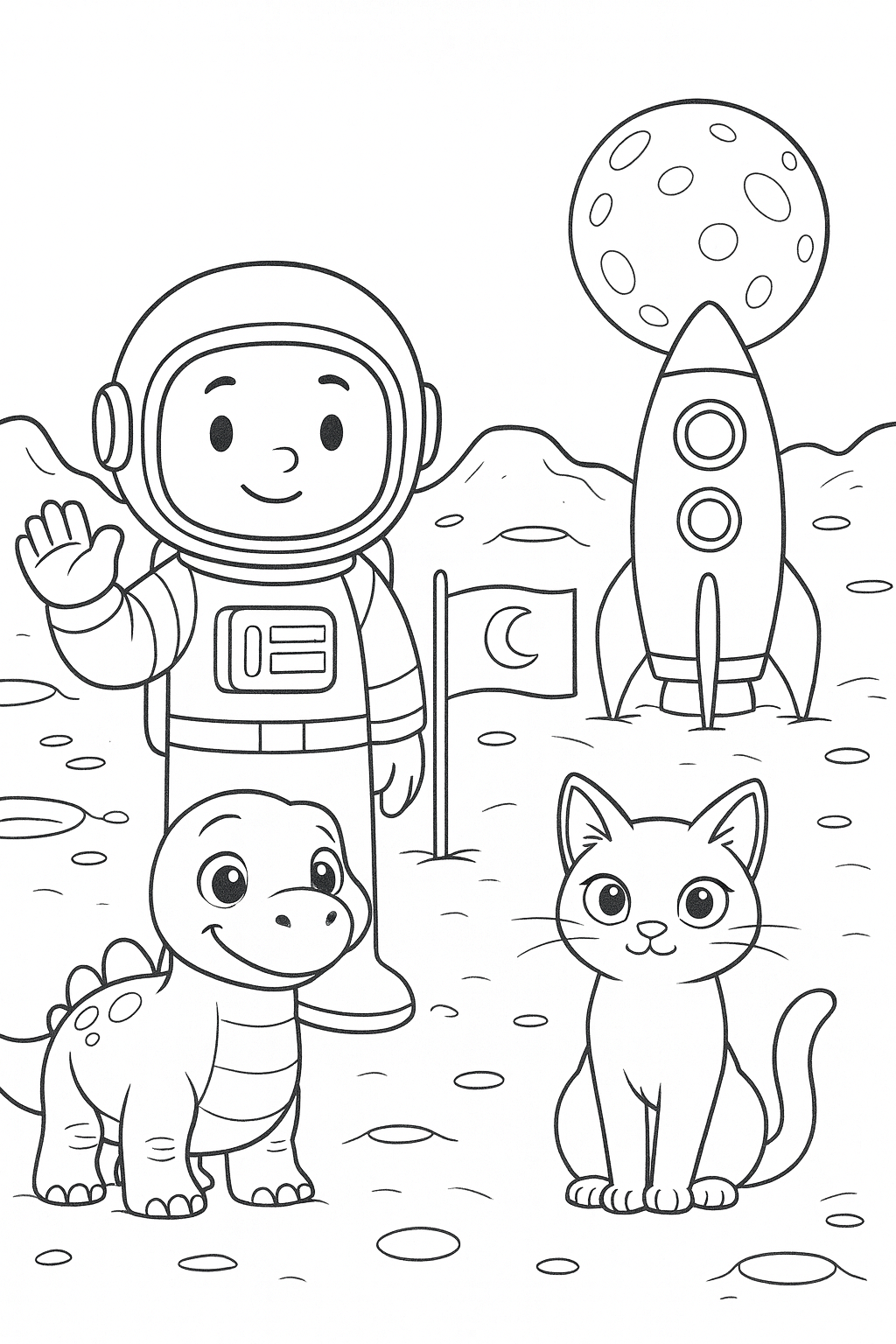 An astronaut stands next to Dandino and Lucky beside a small flagpole, with a rocket behind them and the moon — printable coloring page