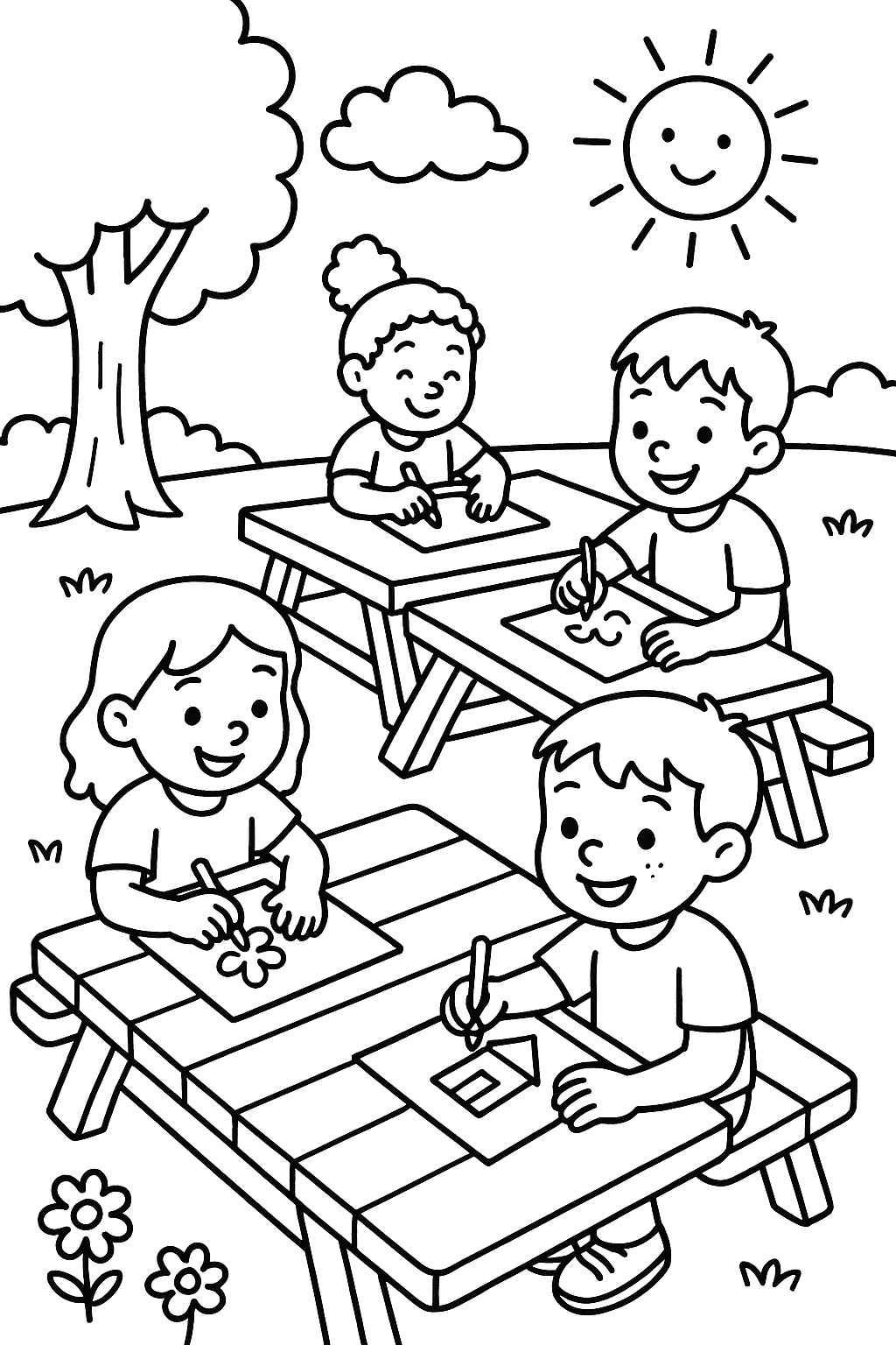 Children sitting at outdoor picnic tables, drawing on paper together during playtime — printable coloring page