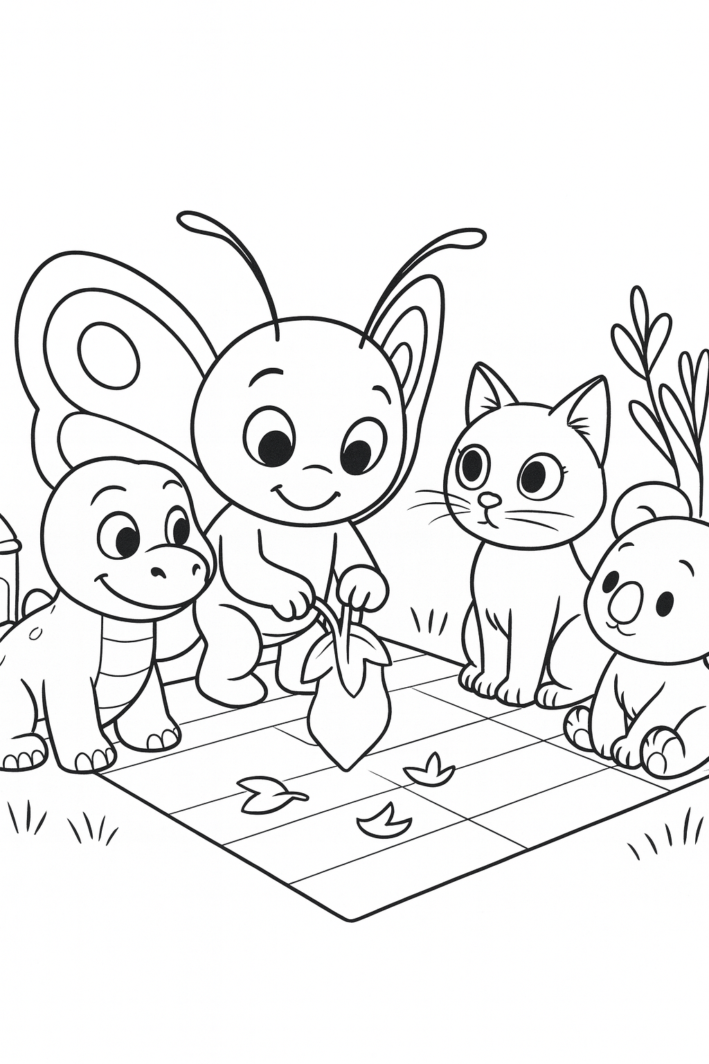 Close-up, Bibi in the foreground center lowering the leaf-shaped night jar while Lucky and Dandino watch from — printable coloring page