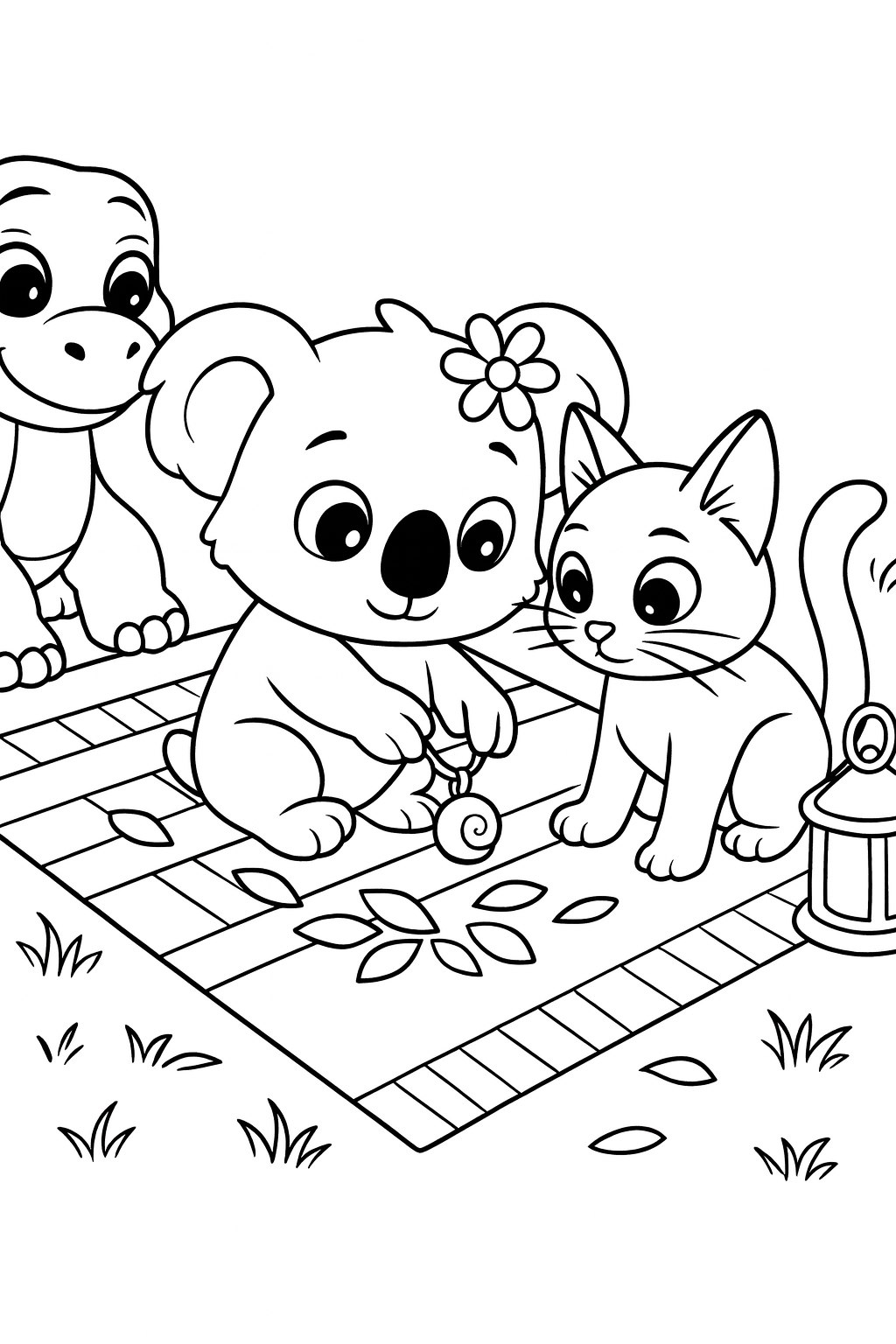 Close-up, Daisy in the foreground center offering the tiny shell charm toward Lucky, who reaches from the righ — printable coloring page