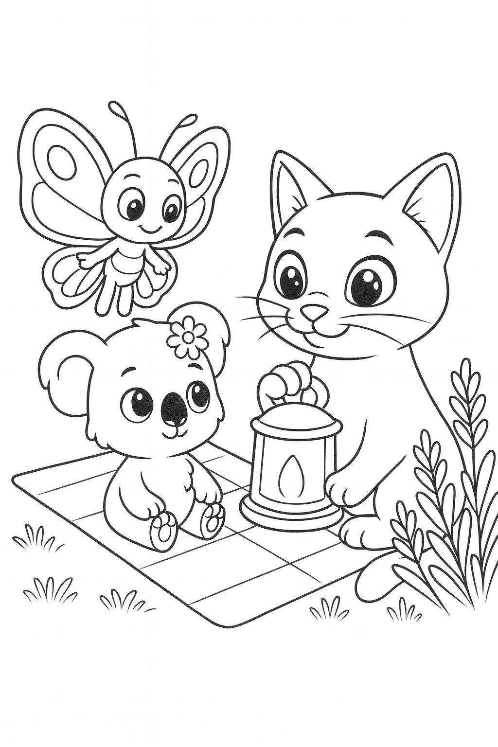 Close-up, Lucky in the foreground right holding the small lantern near her chest while Daisy sits midground le — printable coloring page