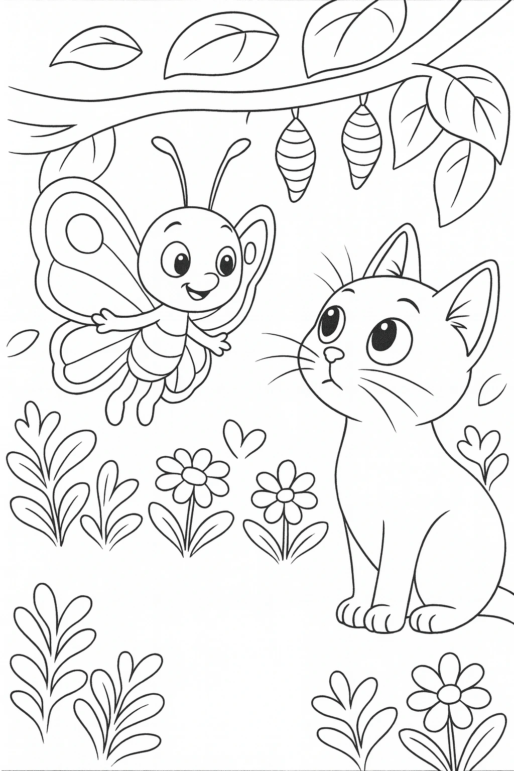 Close-up of Lucky in the foreground right gazing upward, while Bibi hovers in the midground left near several — printable coloring page