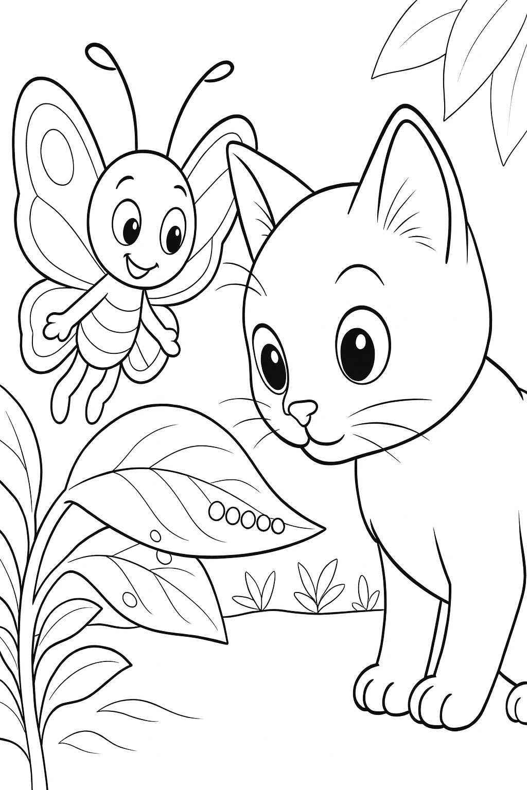 Close-up of Lucky in the foreground right leaning in to inspect a broad green leaf, while Bibi hovers in the b — printable coloring page