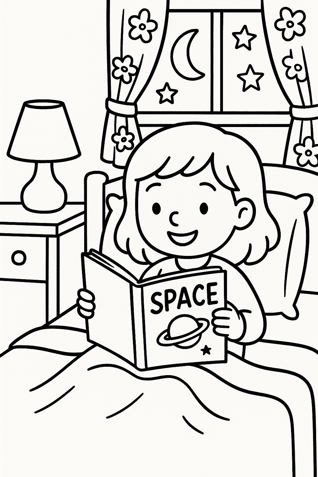 Three children building a wide block bridge on the classroom floor, with a toy car under one side — printable coloring page