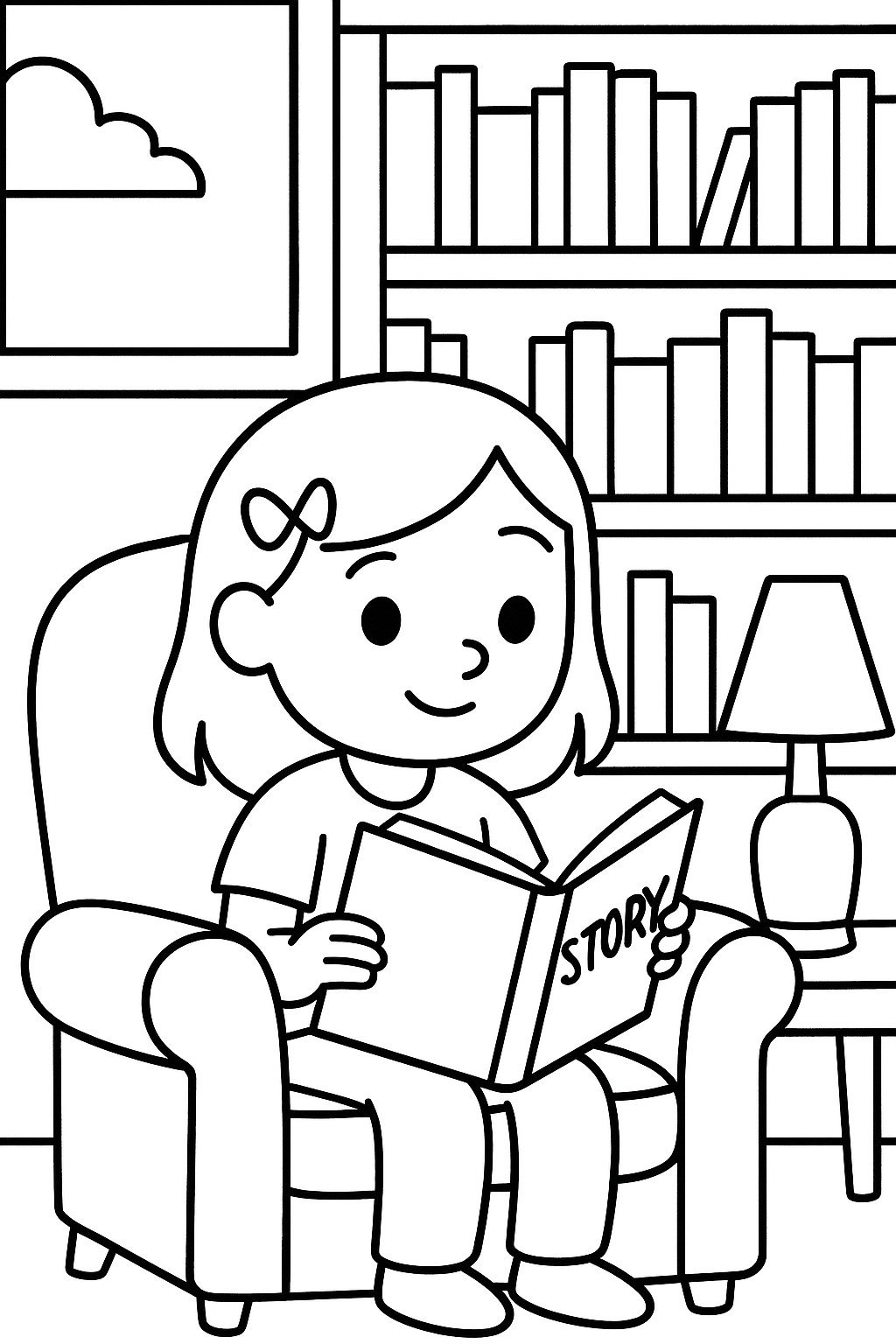 A child swinging on a playground swing with two friends standing nearby and watching — printable coloring page