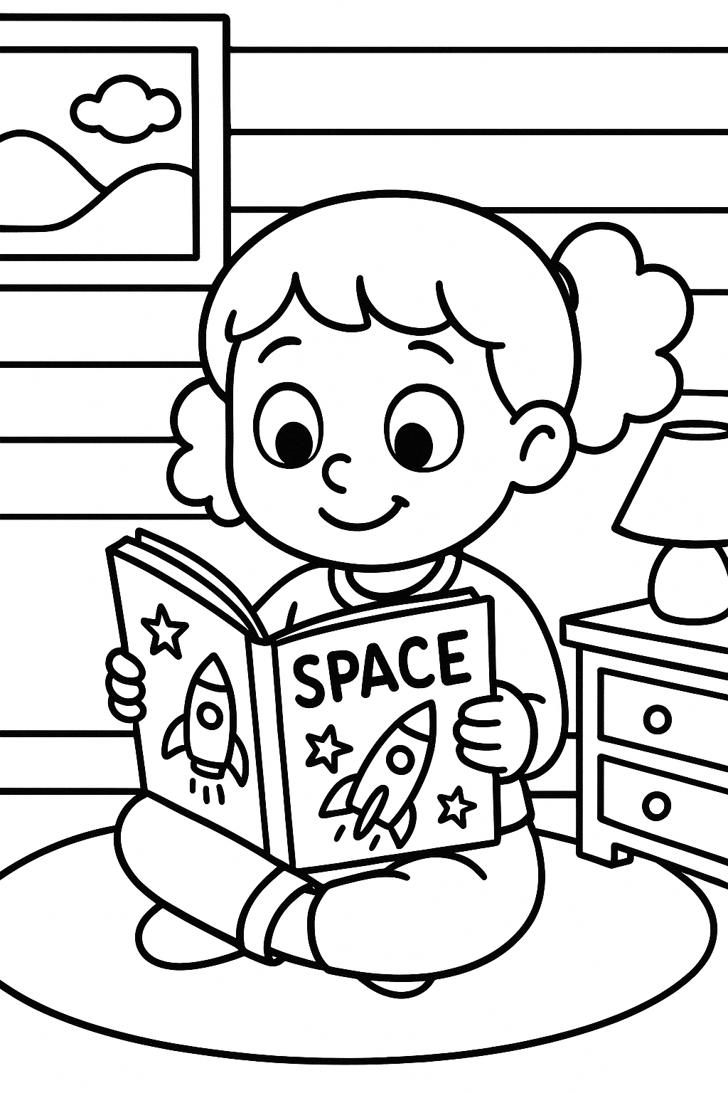 A teacher reading a book to children sitting on the grass in the playground — printable coloring page