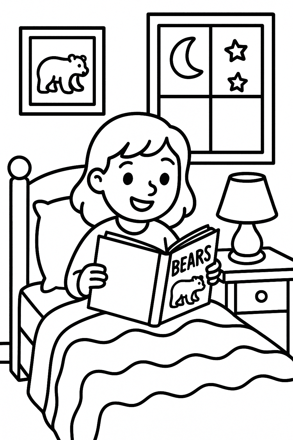 A teacher and four children sitting in a circle on the rug, holding books together — printable coloring page