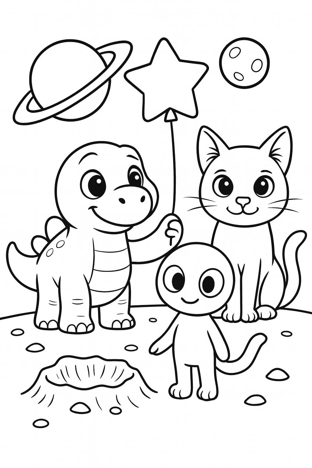 Dandino and Lucky meet a friendly alien beside a small crater, and the alien holds a star-shaped balloon while — printable coloring page