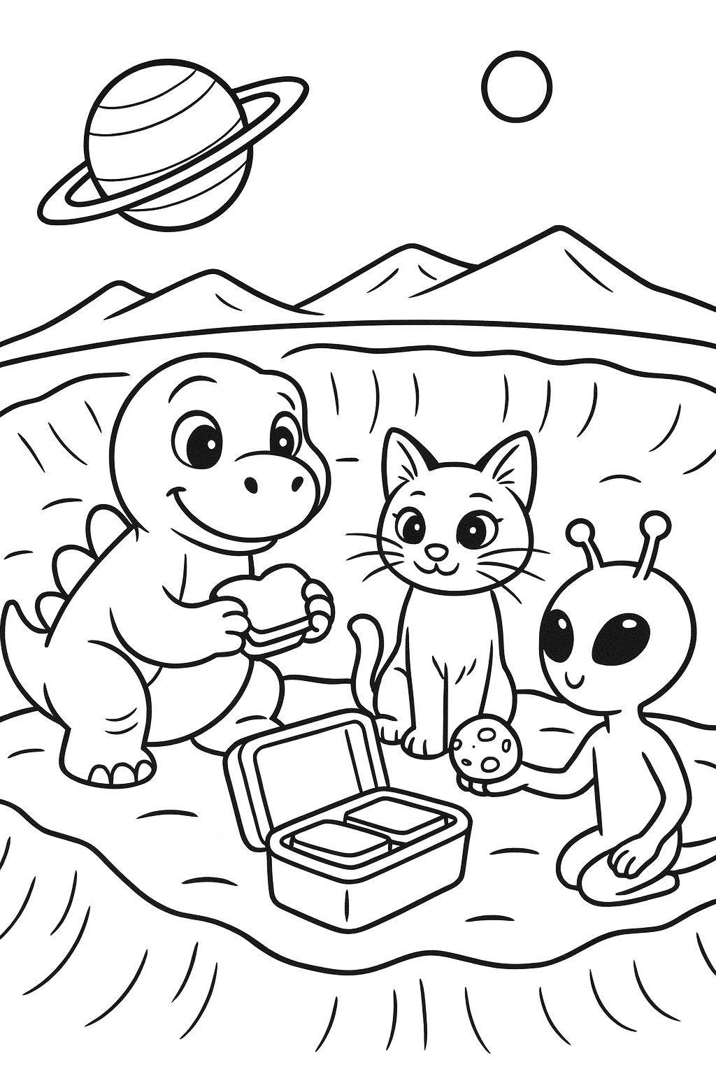 Dandino and Lucky sit in a crater and share a picnic box while a friendly alien offers a moon rock and a plane — printable coloring page