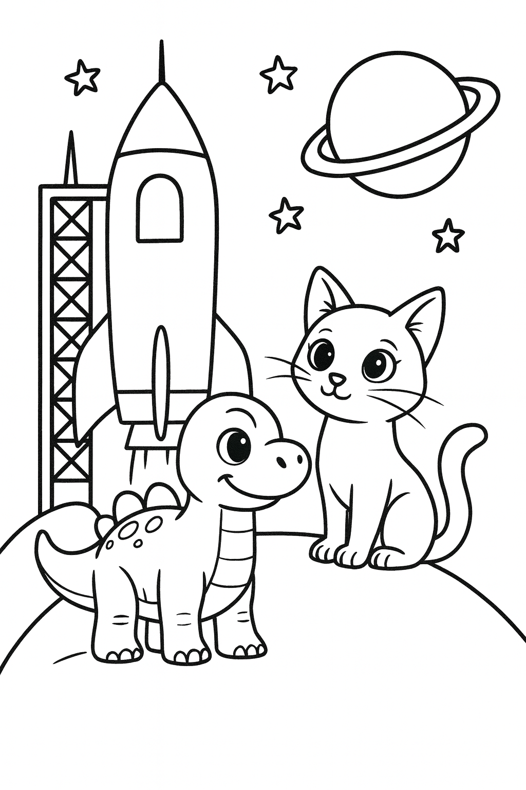Dandino and Lucky stand on a simple moon hill and look up at a large rocket on a launch pad with one big plane — printable coloring page