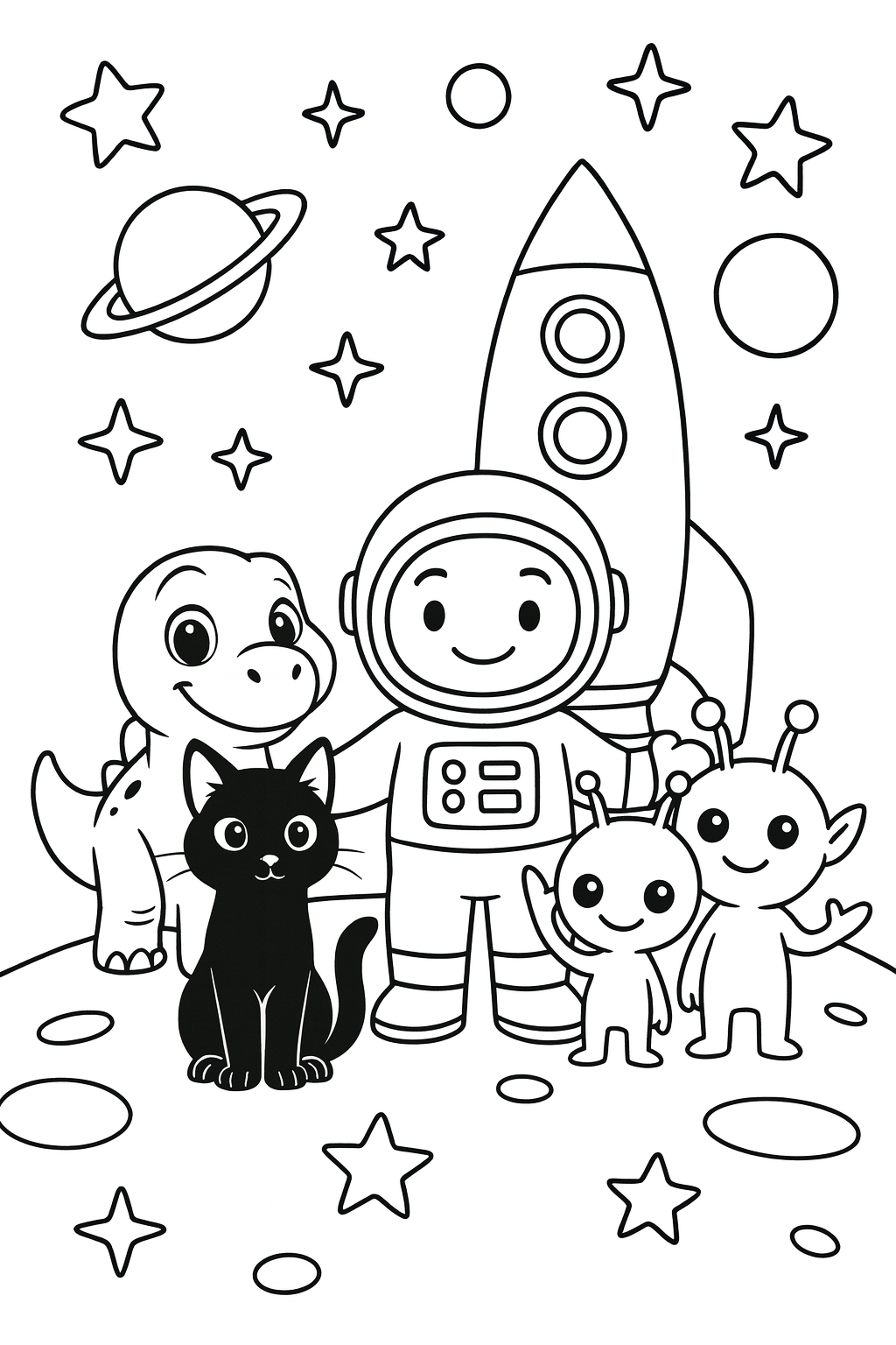 Dandino, Lucky, the astronaut, and two friendly aliens stand together on the moon beside a tall rocket, with s — printable coloring page