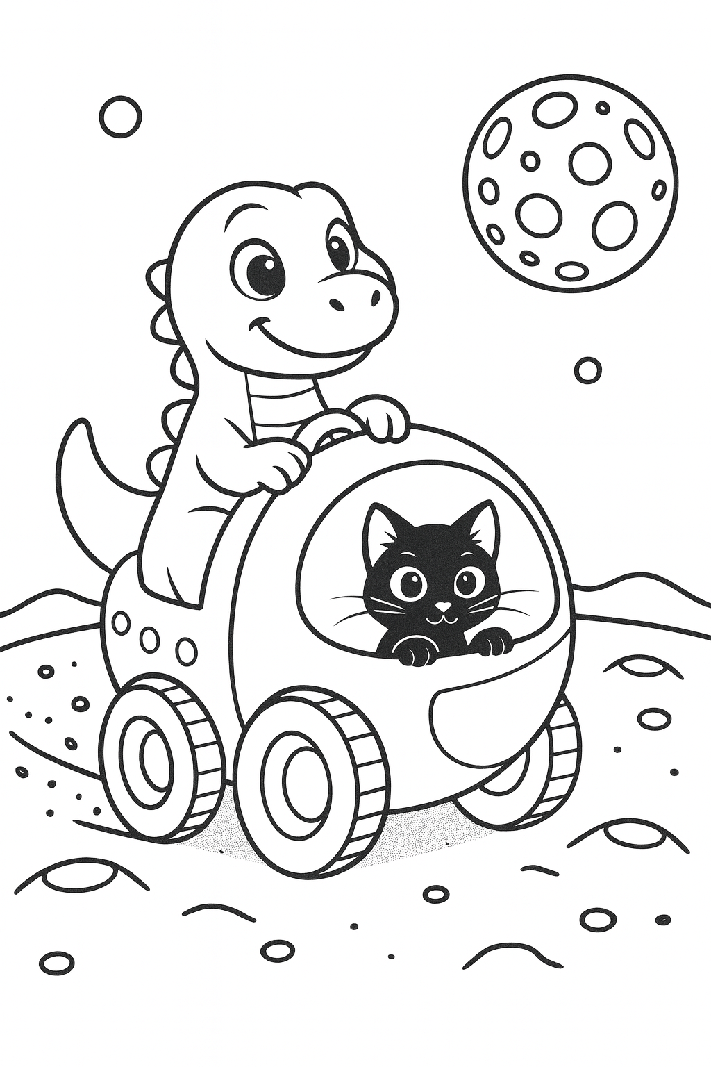 Dandino rides in a round moon rover across the moon, with Lucky peeking out from the rover and two cratered pl — printable coloring page