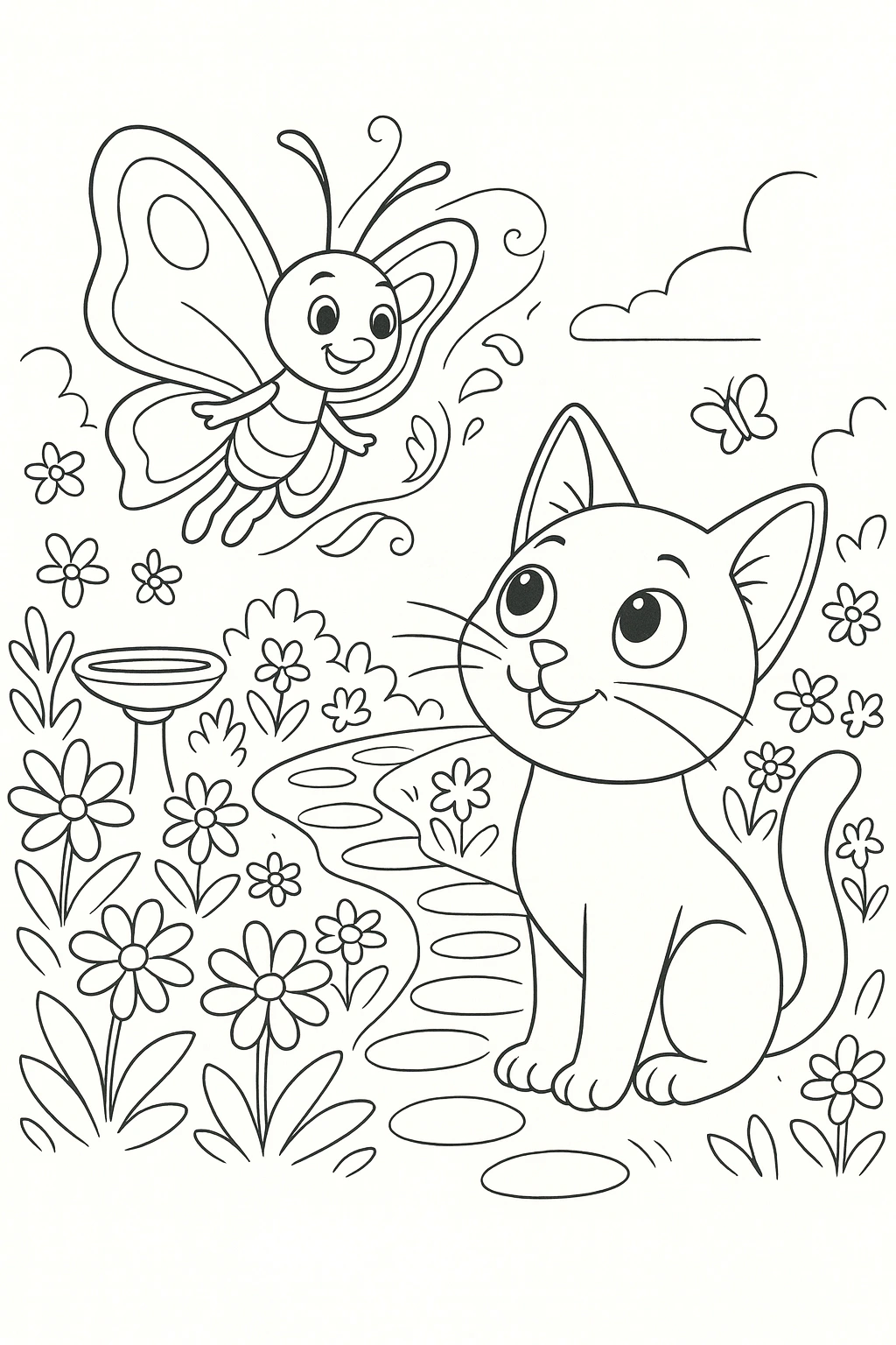 Establishing shot of a pastel garden with Lucky in the foreground right looking up happily, and Bibi flying in — printable coloring page