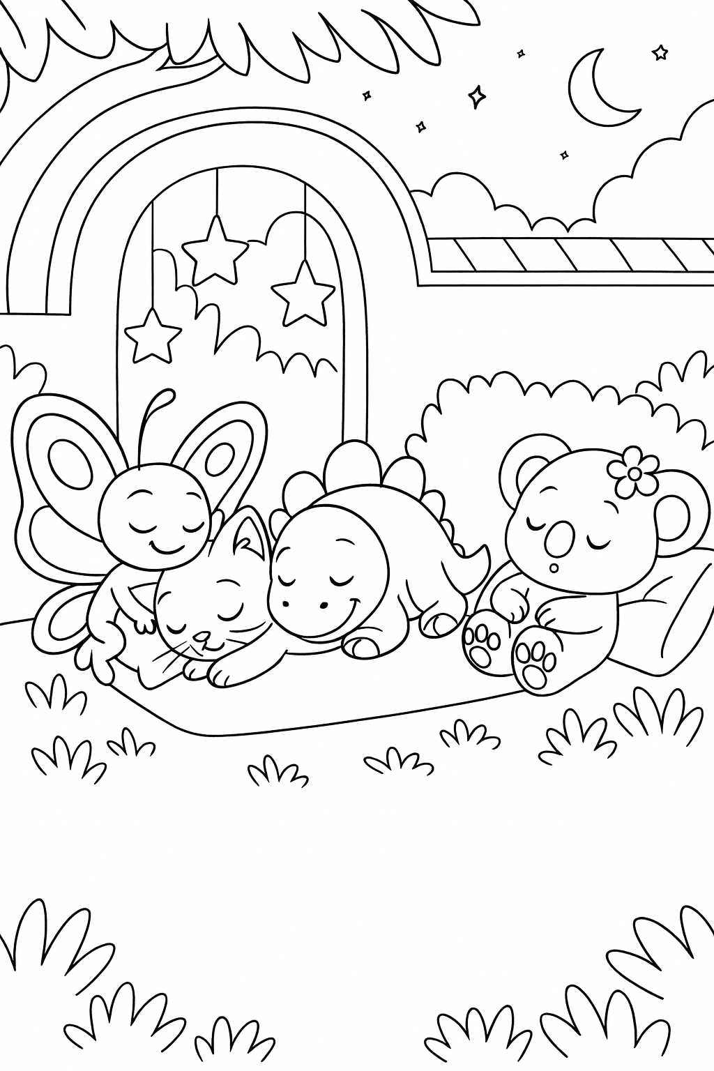 Establishing shot of the moonlit garden nook filling the frame, with Bibi, Daisy, Dandino, and Lucky nestled t — printable coloring page