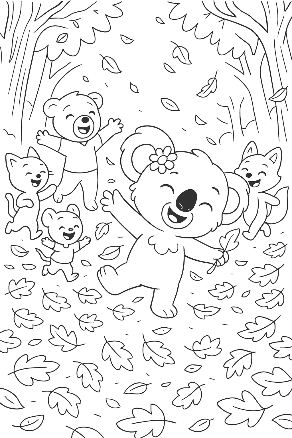 Full shot, Daisy in the foreground center twirling with arms wide while the class forms a loose circle in the — printable coloring page