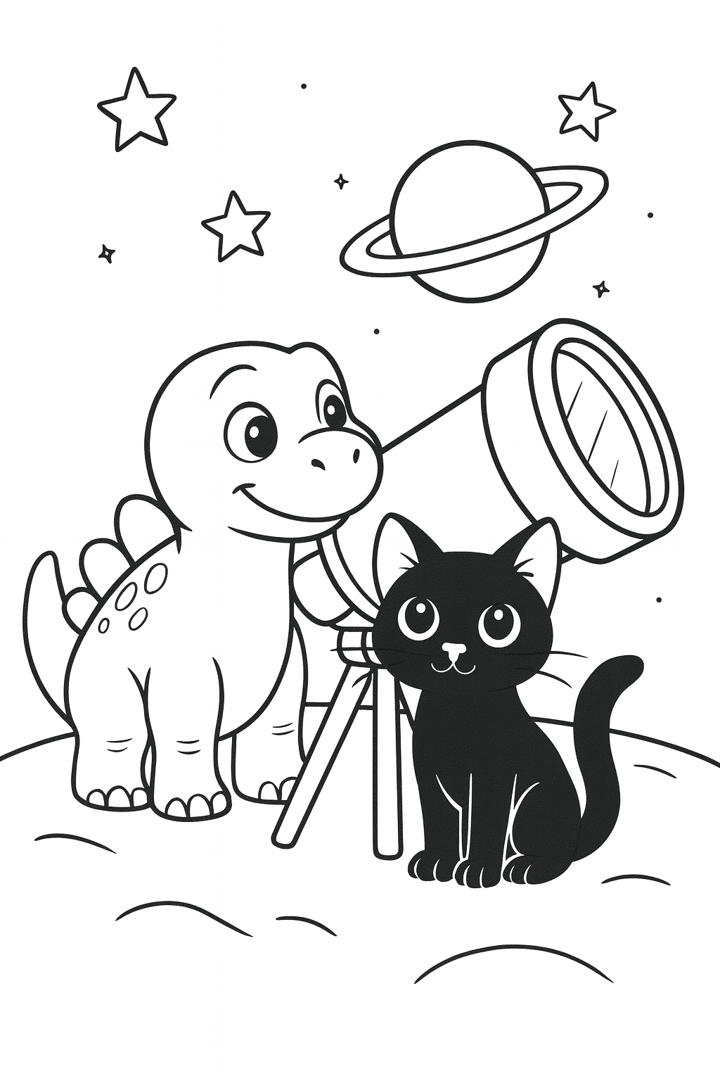 Lucky and Dandino look through a big telescope pointed at a nearby planet, with the telescope on the moon surf — printable coloring page