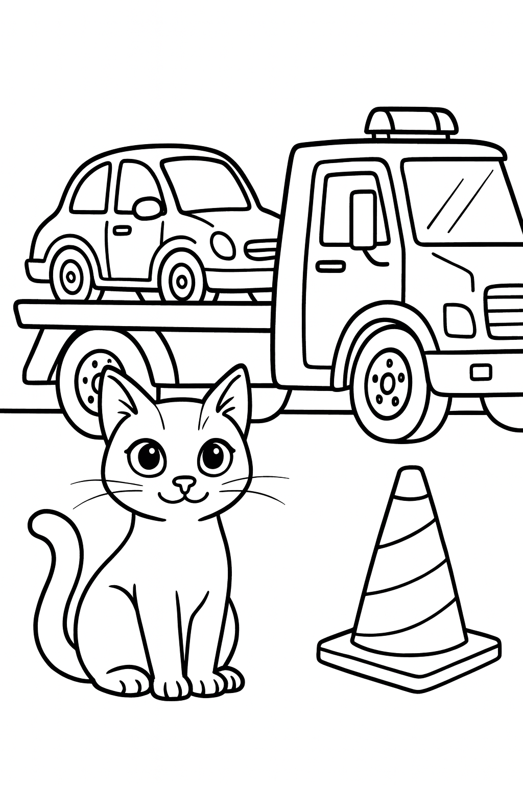 Lucky helps guide a tow truck as it carries a small car on the flat back platform, with a roadside cone beside — printable coloring page