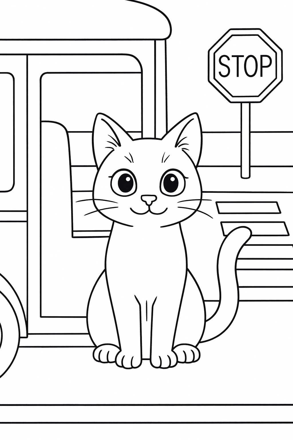 Lucky rides in a school bus with big windows, stopped beside a curb with a crosswalk and a stop sign shape in — printable coloring page