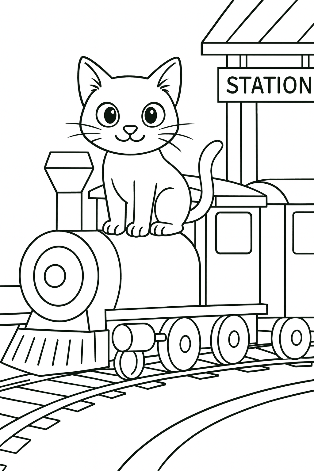 Lucky rides in the front of a train, with the engine, one passenger car, and a simple track scene beside a sta — printable coloring page