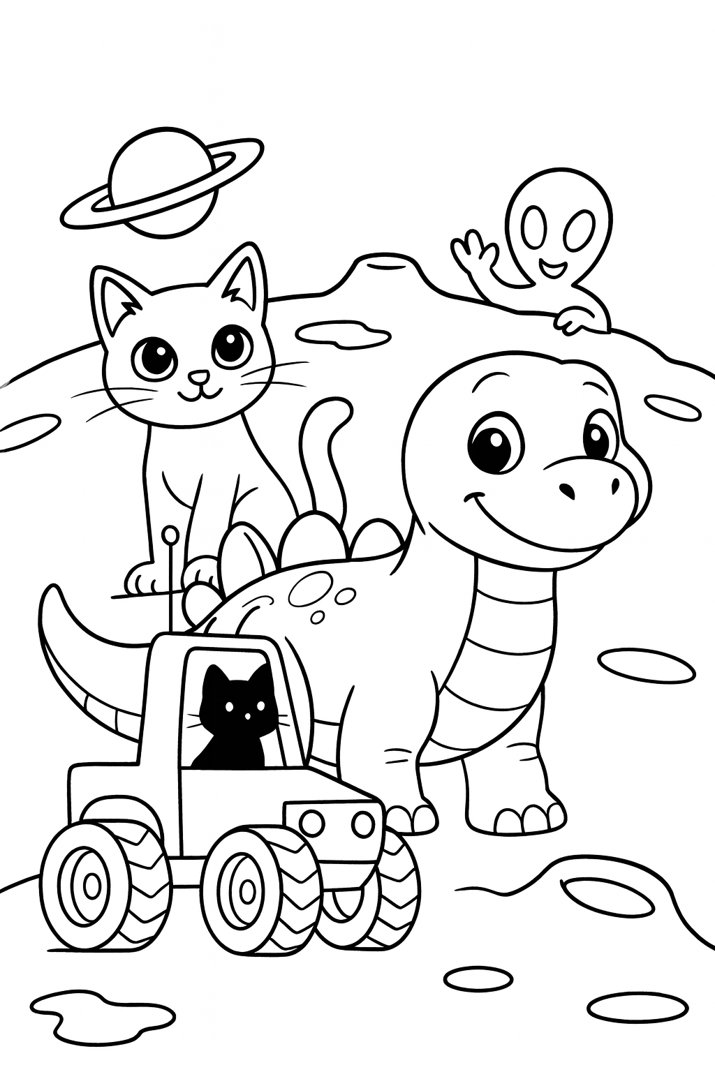 Lucky rides on top of a moon buggy while Dandino follows beside it, and a smiling friendly alien waves from be — printable coloring page