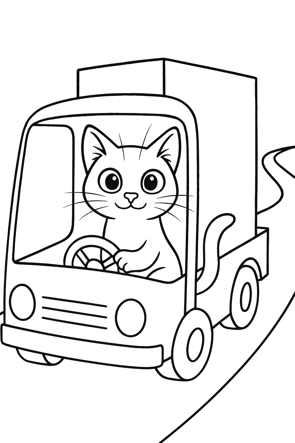 Lucky sits in the driver seat of a simple delivery truck, with one big box in the back and a road curving behi — printable coloring page
