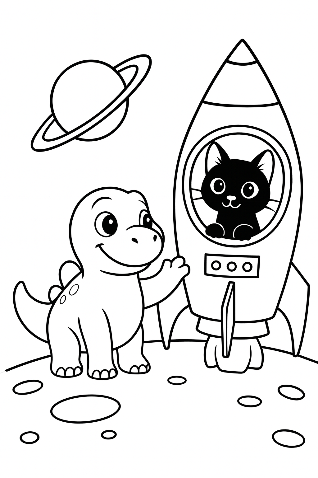 Lucky sits inside a small rocket cockpit while Dandino waves from the ground beside the rocket, with the moon — printable coloring page