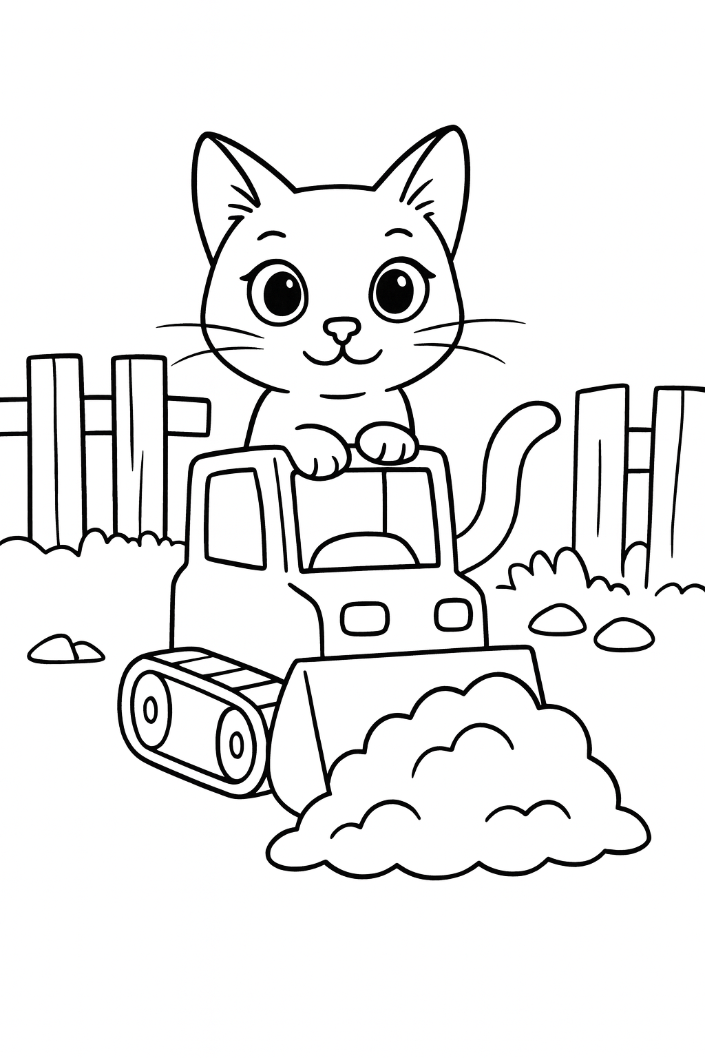 Lucky sits on a bulldozer pushing a pile of dirt, with a fence and a few simple rocks nearby — printable coloring page